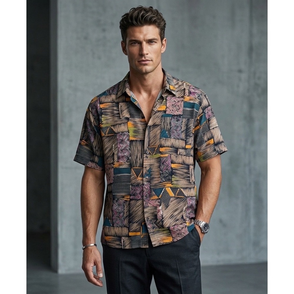 Pierre Cardin Mens Large Classic Short Sleeve Abstract Patchwork Button Up Shirt